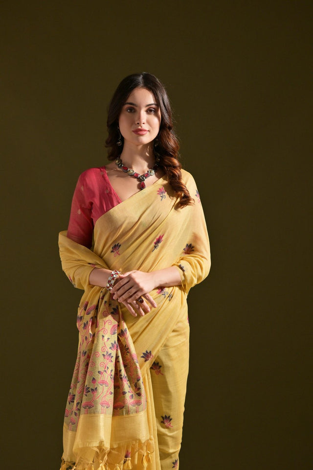 Yellow Floral Woven Cotton Saree (Eth_SR_122)