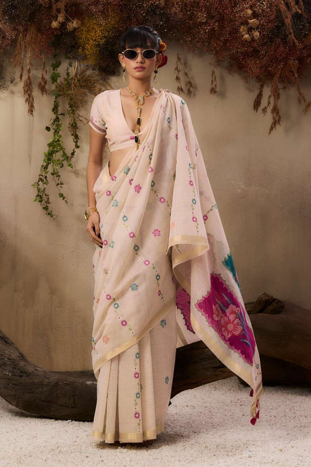 Cream Woven cotton Saree (Eth_SR_145)