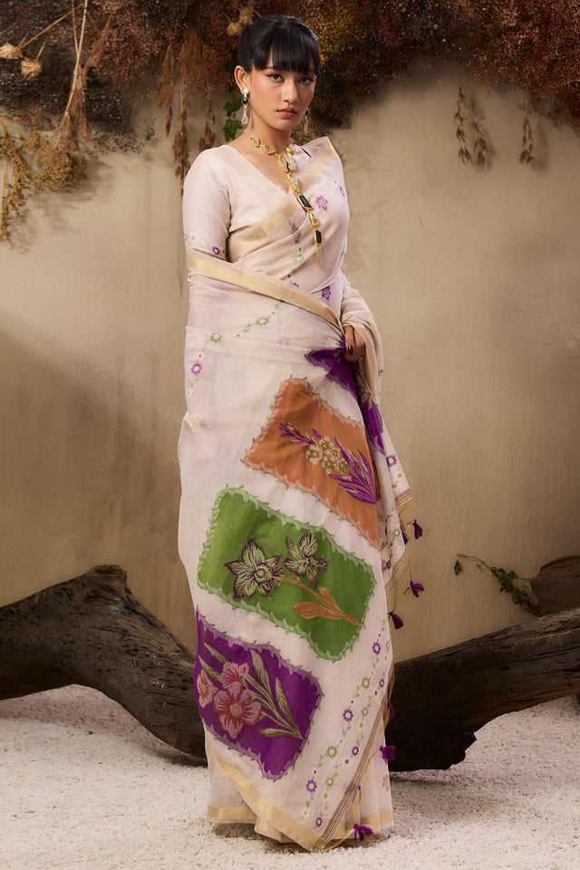 Cream Floral Woven cotton Saree (Eth_SR_147)