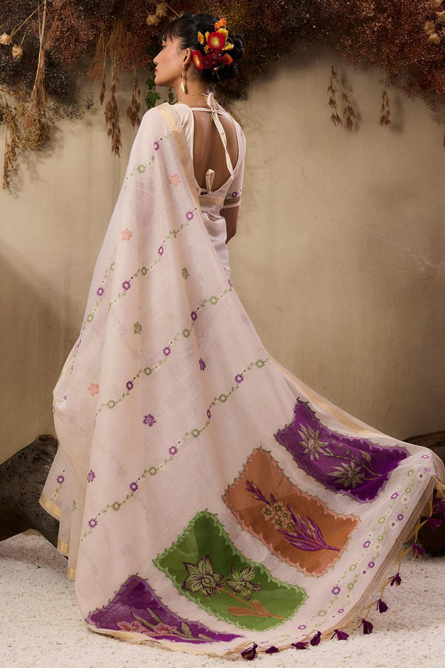 Cream Floral Woven cotton Saree (Eth_SR_147)