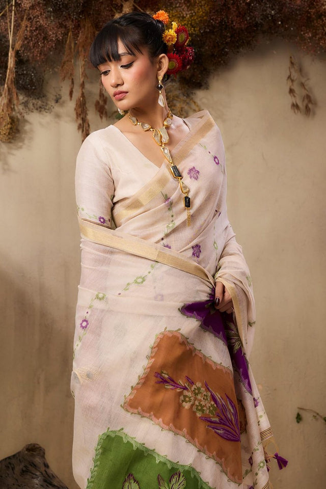 Cream Floral Woven cotton Saree (Eth_SR_147)