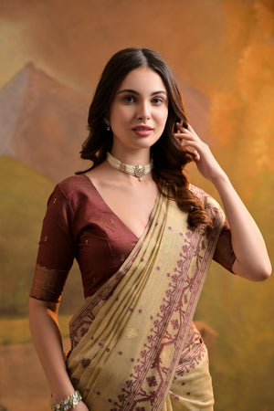 Beige Woven cotton Saree (Eth_SR_148)