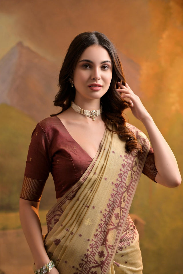 Beige Woven cotton Saree (Eth_SR_148)