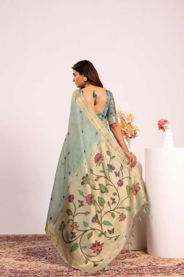 Turquoise Woven cotton Saree (Eth_SR_154)
