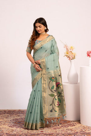 Turquoise Woven cotton Saree (Eth_SR_154)