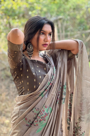Grey Floral Woven Art Silk Saree (Eth_SR_158)