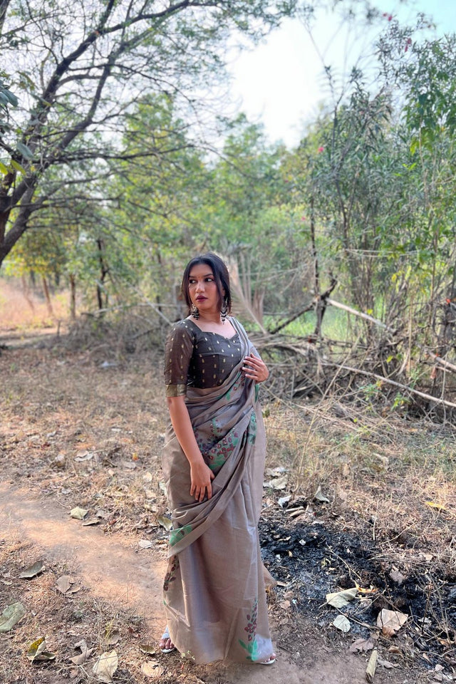 Grey Floral Woven Art Silk Saree (Eth_SR_158)