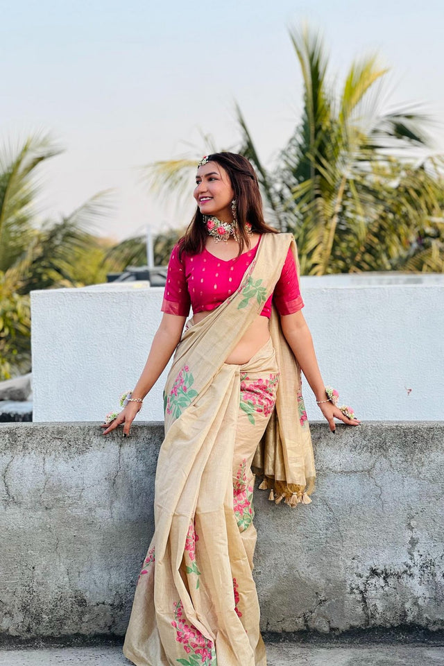 Beige Floral Woven Art Silk Saree (Eth_SR_160)