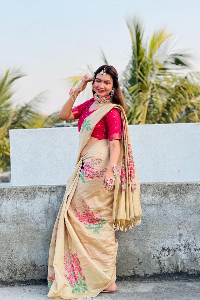 Beige Floral Woven Art Silk Saree (Eth_SR_160)