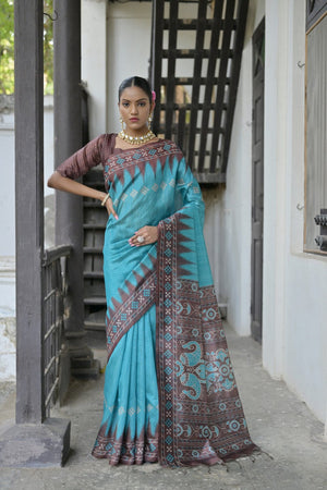 Turquoise Printed Art Silk Saree (Eth_SR_185)