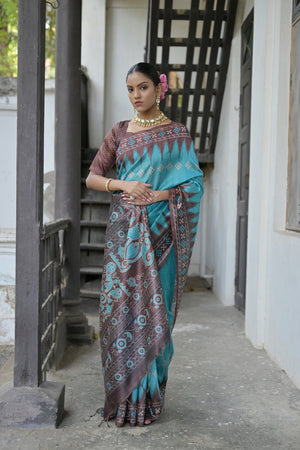 Turquoise Printed Art Silk Saree (Eth_SR_185)