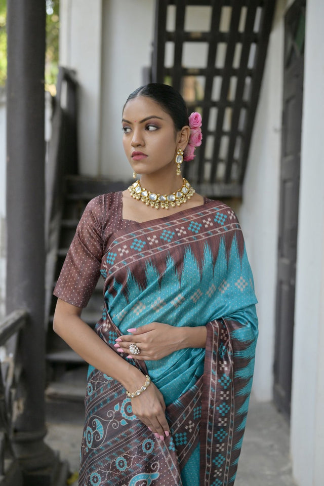 Turquoise Printed Art Silk Saree (Eth_SR_185)