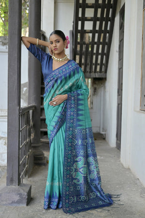 Turquoise Printed Art Silk Saree (Eth_SR_187)