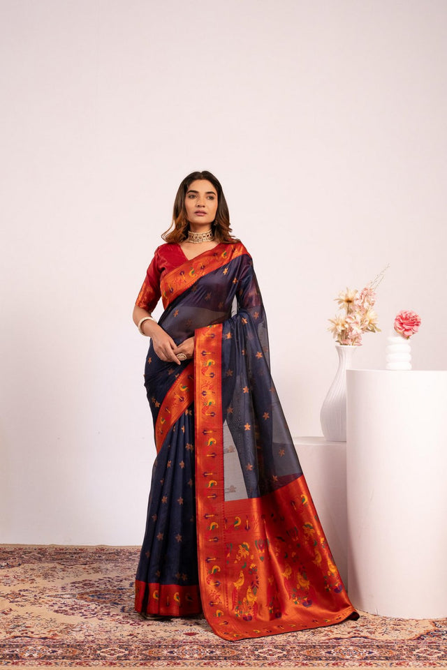 Blue Floral Woven Art Silk Saree (Eth_SR_191)