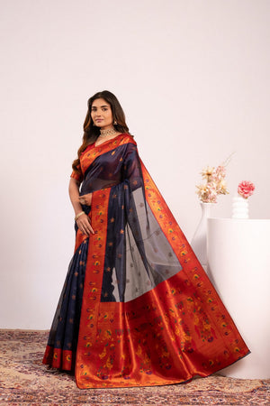 Blue Floral Woven Art Silk Saree (Eth_SR_191)