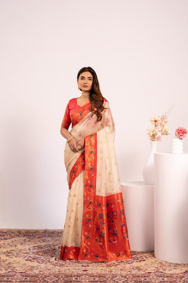 White Floral Woven Art Silk Saree (Eth_SR_196)