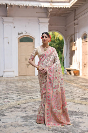 Cream Floral Woven Art Silk Saree (Eth_SR_208)