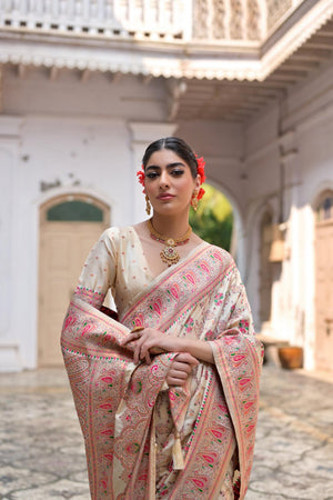 Cream Floral Woven Art Silk Saree (Eth_SR_208)