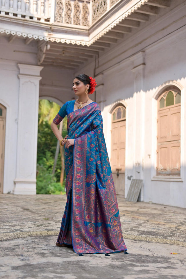 Turquoise Floral Woven Art Silk Saree (Eth_SR_209)