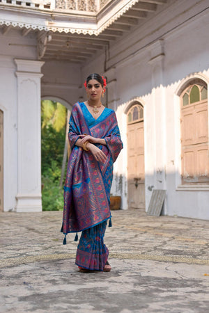Turquoise Floral Woven Art Silk Saree (Eth_SR_209)