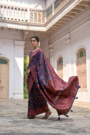 Navy Blue Floral Woven Art Silk Saree (Eth_SR_210)