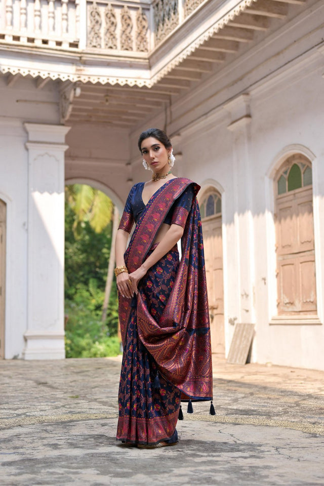 Navy Blue Floral Woven Art Silk Saree (Eth_SR_210)