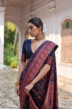 Navy Blue Floral Woven Art Silk Saree (Eth_SR_210)