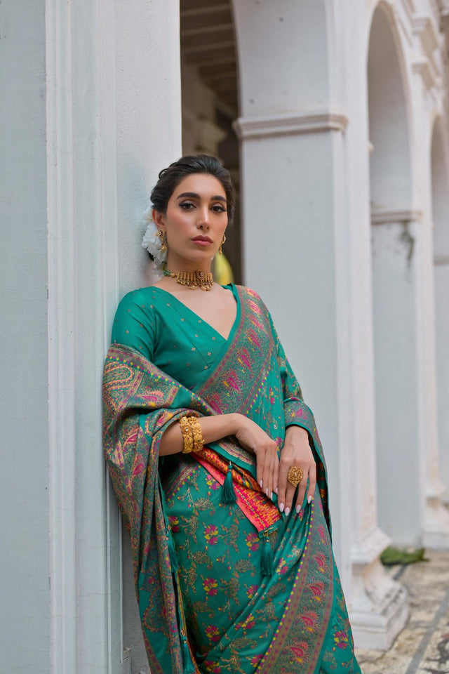 Turquoise Floral Woven Art Silk Saree (Eth_SR_211)