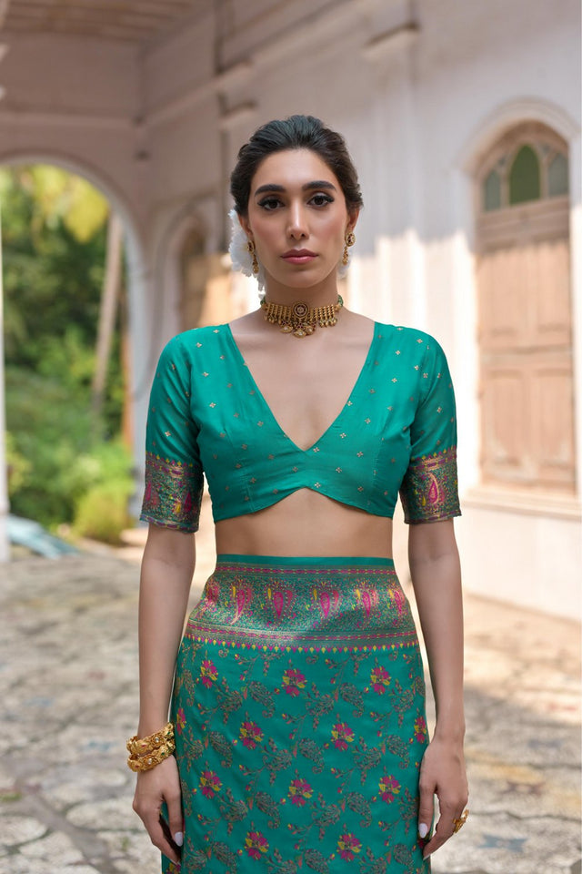Turquoise Floral Woven Art Silk Saree (Eth_SR_211)