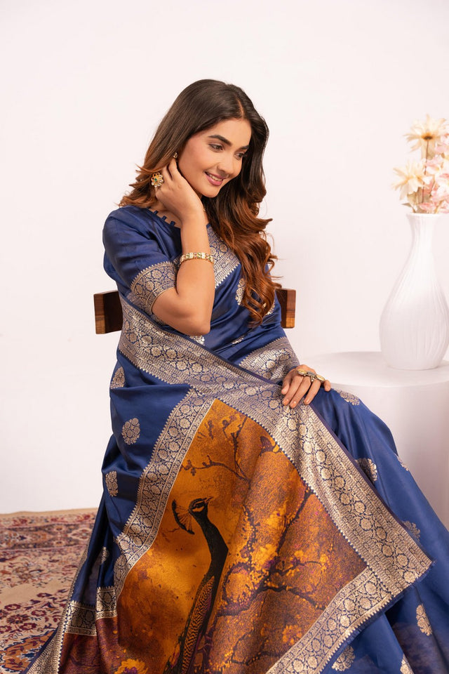 Navy Blue Floral Woven Art Silk Saree (Eth_SR_215)