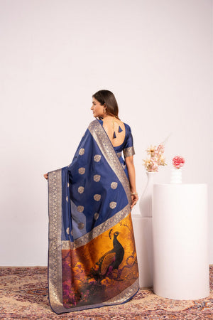 Navy Blue Floral Woven Art Silk Saree (Eth_SR_215)