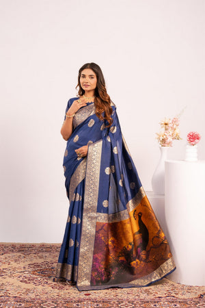 Navy Blue Floral Woven Art Silk Saree (Eth_SR_215)