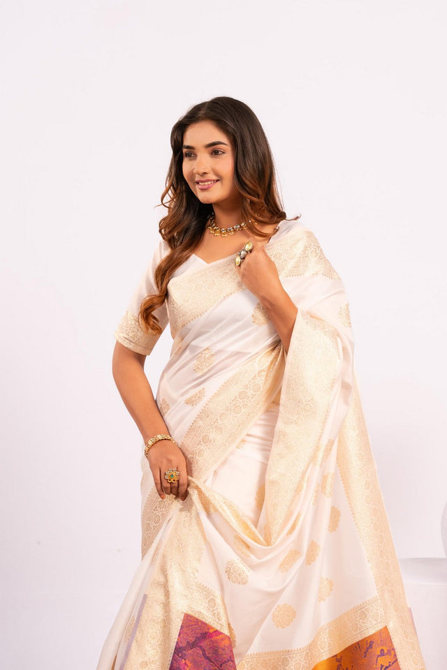 White Floral Woven Art Silk Saree (Eth_SR_219)