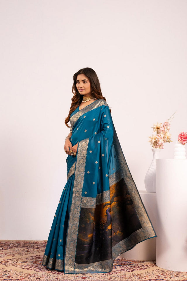 Turquoise Floral Woven Art Silk Saree (Eth_SR_221)