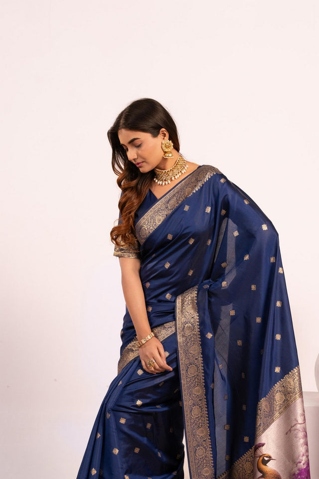 Navy Blue Floral Woven Art Silk Saree (Eth_SR_223)