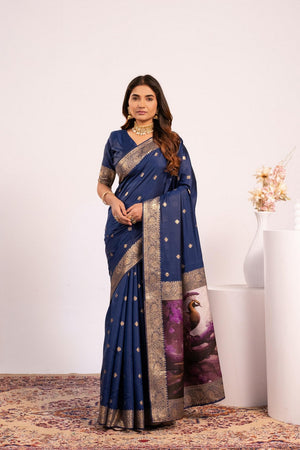 Navy Blue Floral Woven Art Silk Saree (Eth_SR_223)