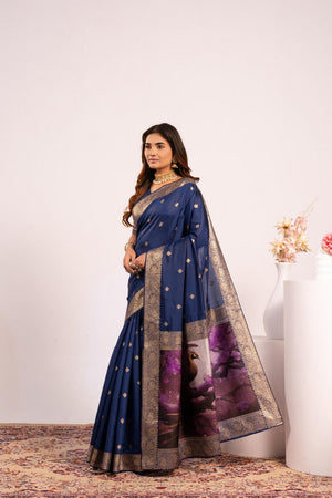 Navy Blue Floral Woven Art Silk Saree (Eth_SR_223)