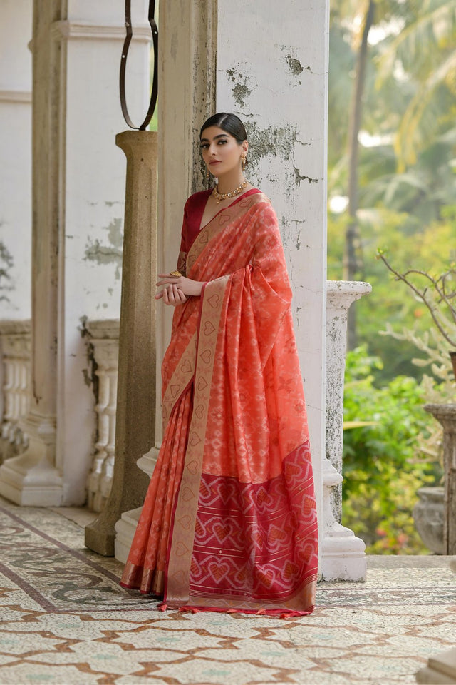 Orange Floral Woven Art Silk Saree (Eth_SR_243)