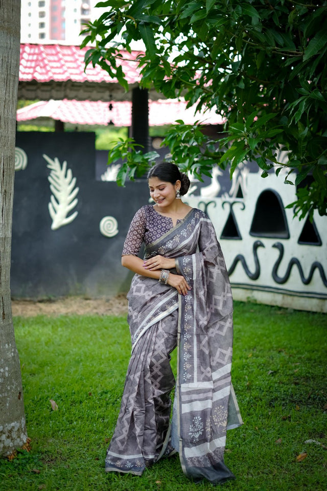 Grey Printed Art Silk Saree (Eth_SR_247)