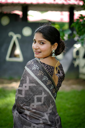 Grey Printed Art Silk Saree (Eth_SR_247)