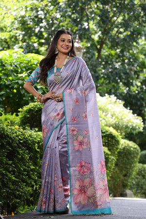Grey Floral Printed Art Silk Saree (Eth_SR_253)