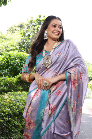Grey Floral Printed Art Silk Saree (Eth_SR_253)