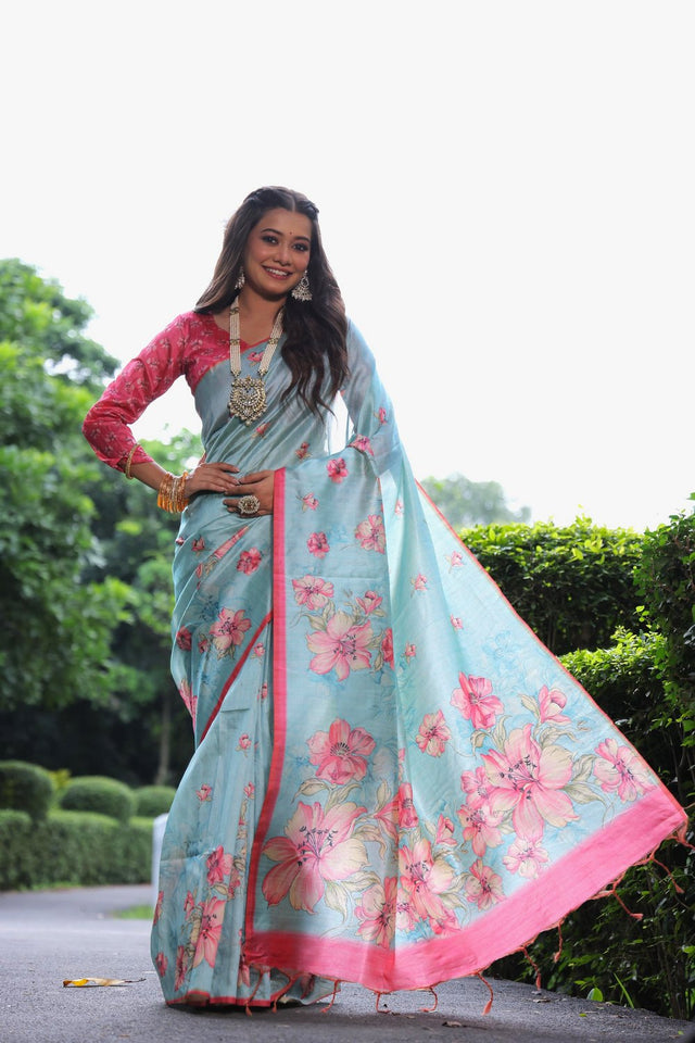 Turquoise Floral Printed Art Silk Saree (Eth_SR_258)