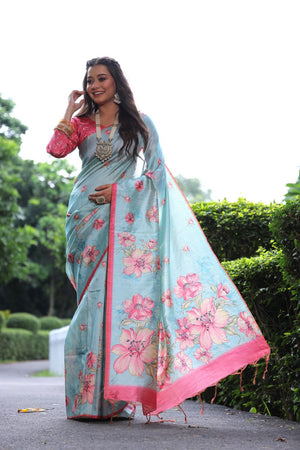 Turquoise Floral Printed Art Silk Saree (Eth_SR_258)