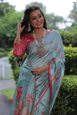Turquoise Floral Printed Art Silk Saree (Eth_SR_258)