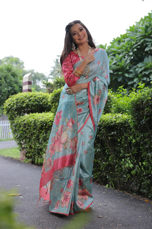 Turquoise Floral Printed Art Silk Saree (Eth_SR_258)