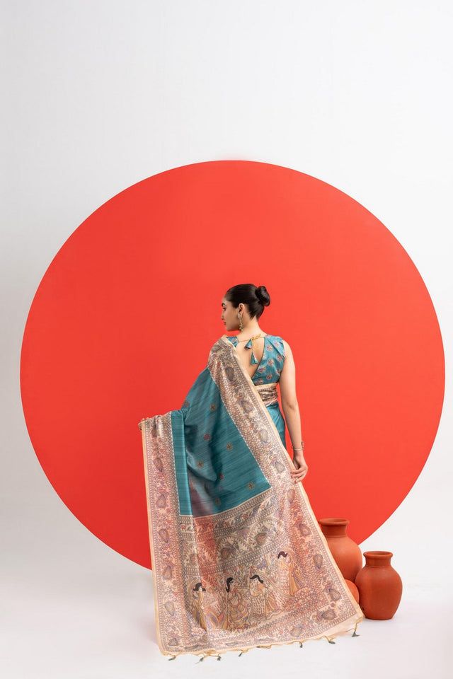 Turquoise Printed Art Silk Saree (Eth_SR_279)