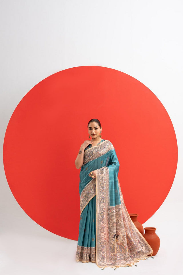 Turquoise Printed Art Silk Saree (Eth_SR_279)