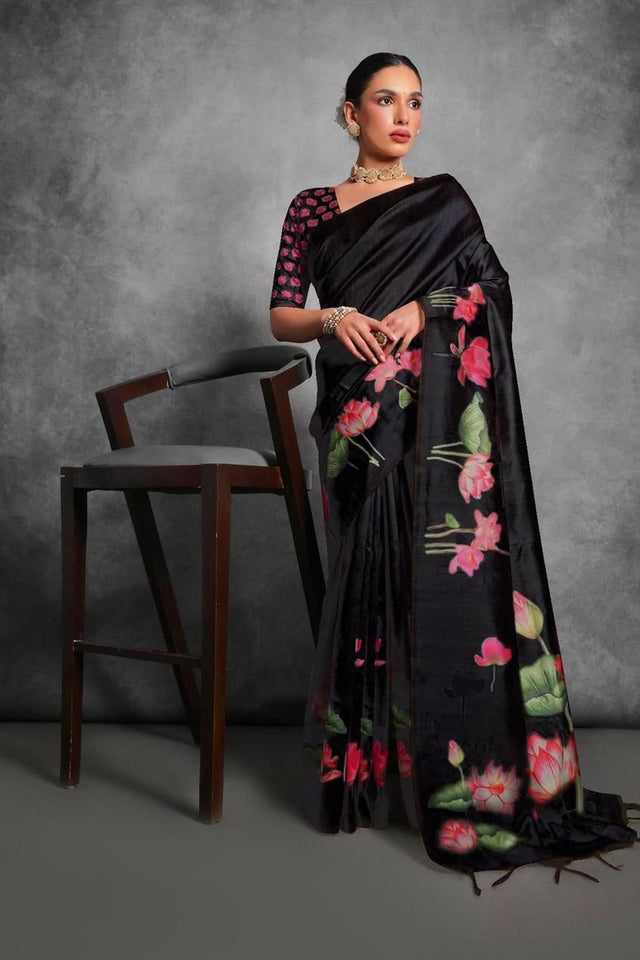 Black Floral Printed Art Silk Saree (Eth_SR_282)