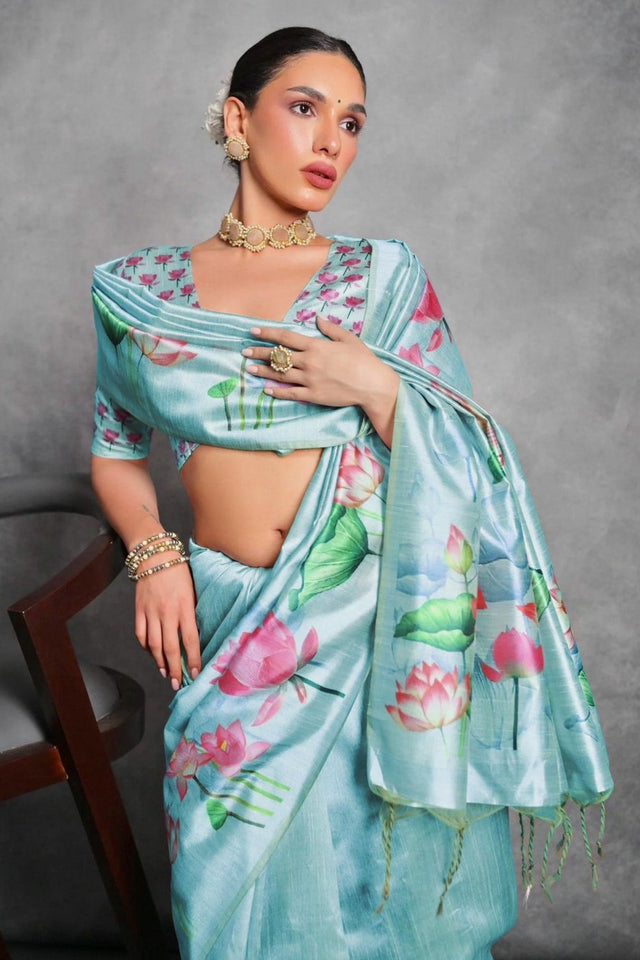 Green Floral Printed Art Silk Saree (Eth_SR_283)